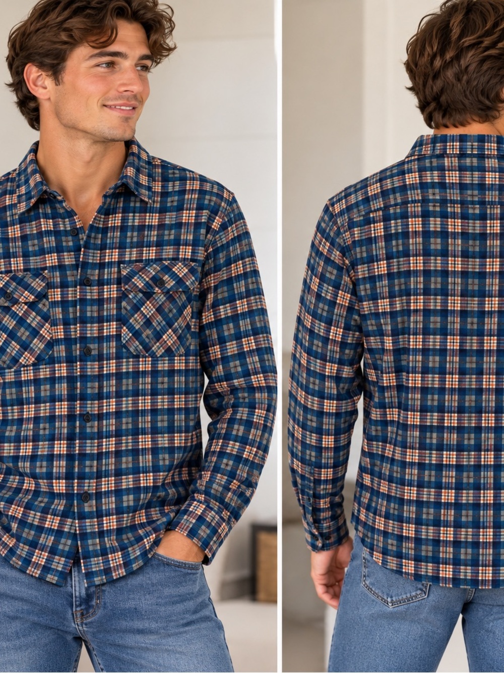David Taylor Blue and Peach Plaid Button-Down Shirt